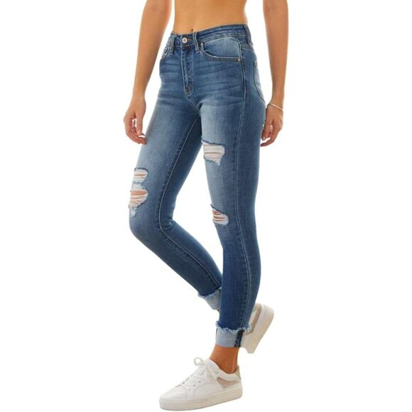 Women's High Rise Distressed Cuffed Ankle Skinny Jeans Medium Wash 28 - Picture 2 of 5